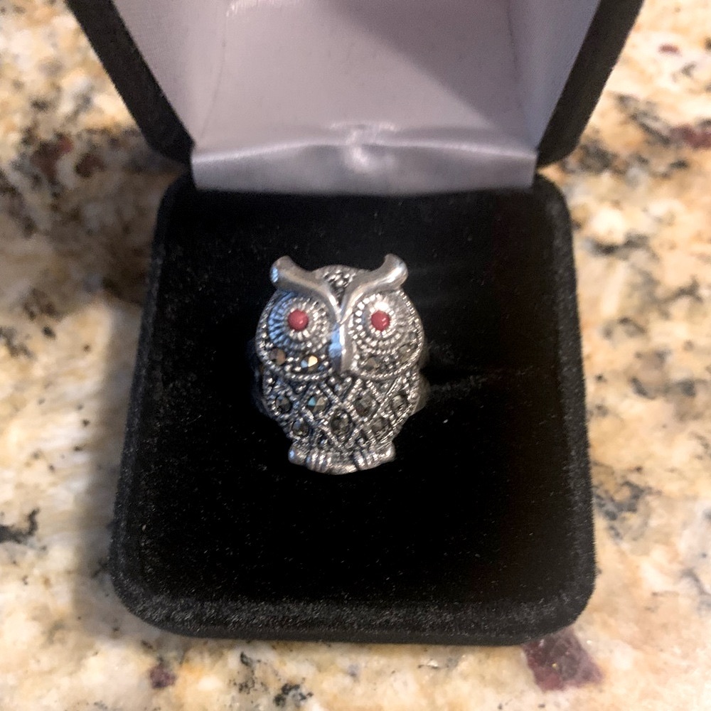 New Sterling Silver Owl Ring with marcasite, red enamel eyes, Size 6